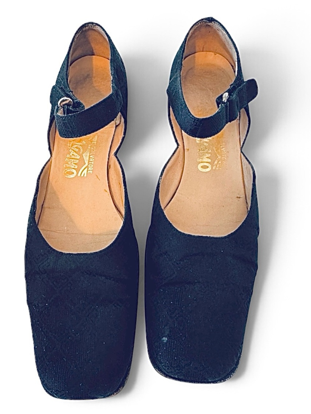 Salvatore Ferragamo Mary Jane Black Gancini Jacquard Logo Hook & Loop Ankle Heal